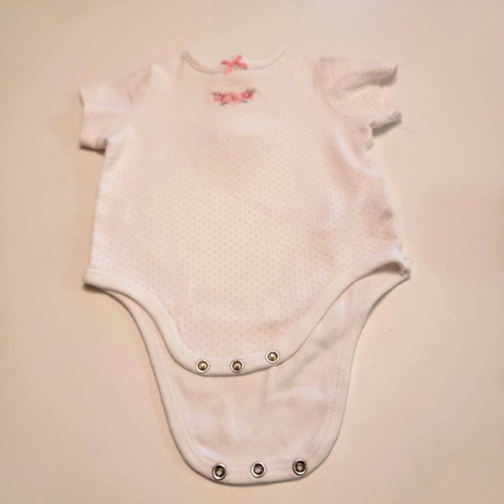 Little Me 6 month light pink Polka dot Onsie with cross stitch embroidery